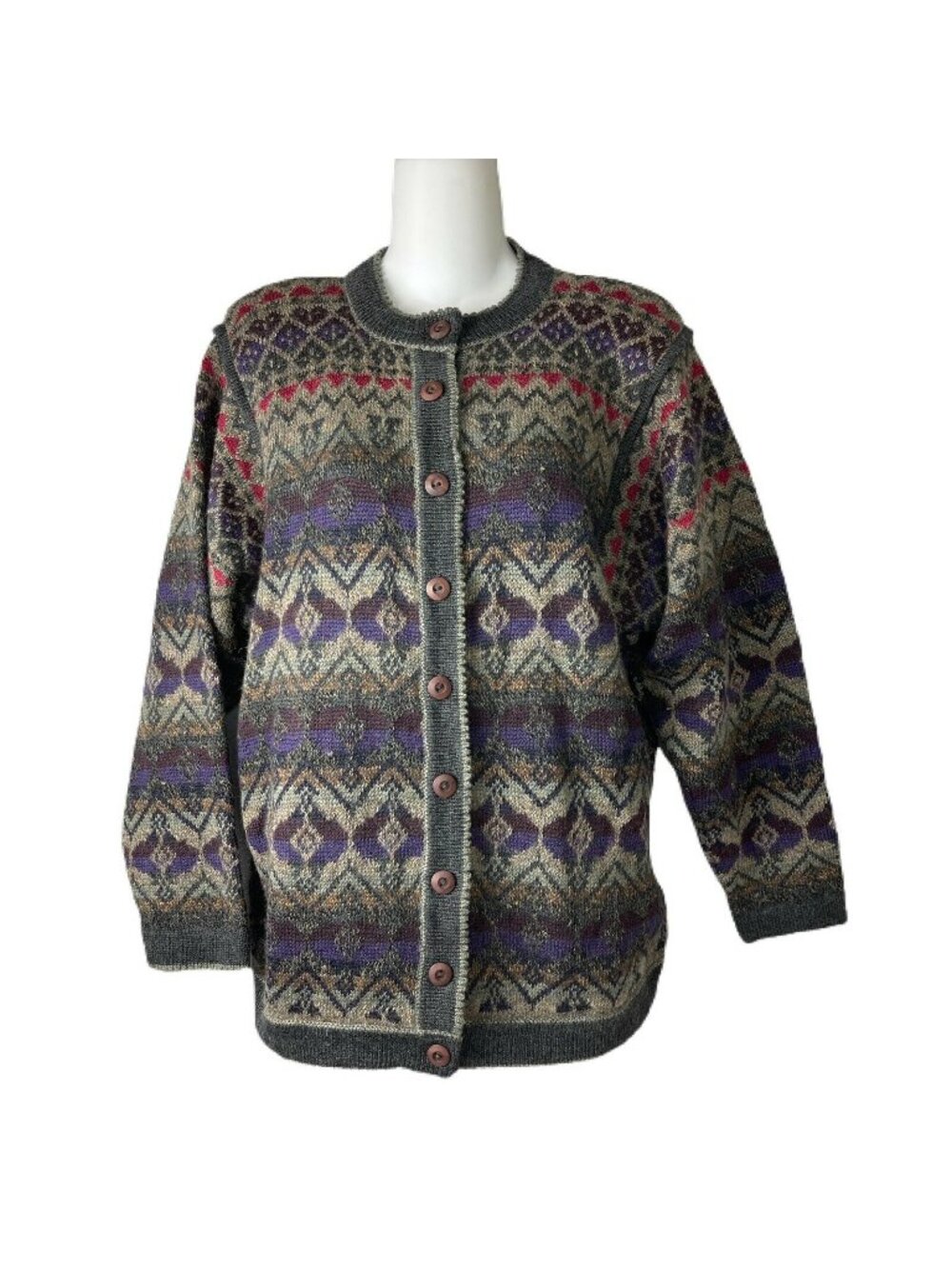 Iva Knight Womens Cardigan Sweater Multi-Color Fair Isle Wool Blend Button Front